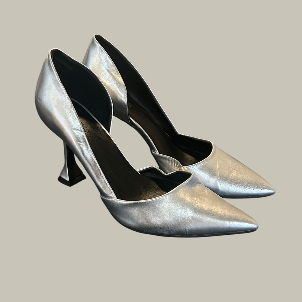 Open Edit Kiera Metallic Silver Pointed Toe D'Orsay Flared Heel Pumps Size 10M